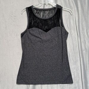 Express Tank Top Womens Medium Heather Gray Black Lace Yoke Sleeveless Stretch
